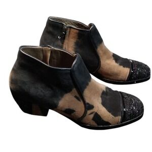 Meher Kakalia x Anthro QUEEN‎ Suede Ankle Boots Cow Print & Beaded Cap Toe 
Sz 8